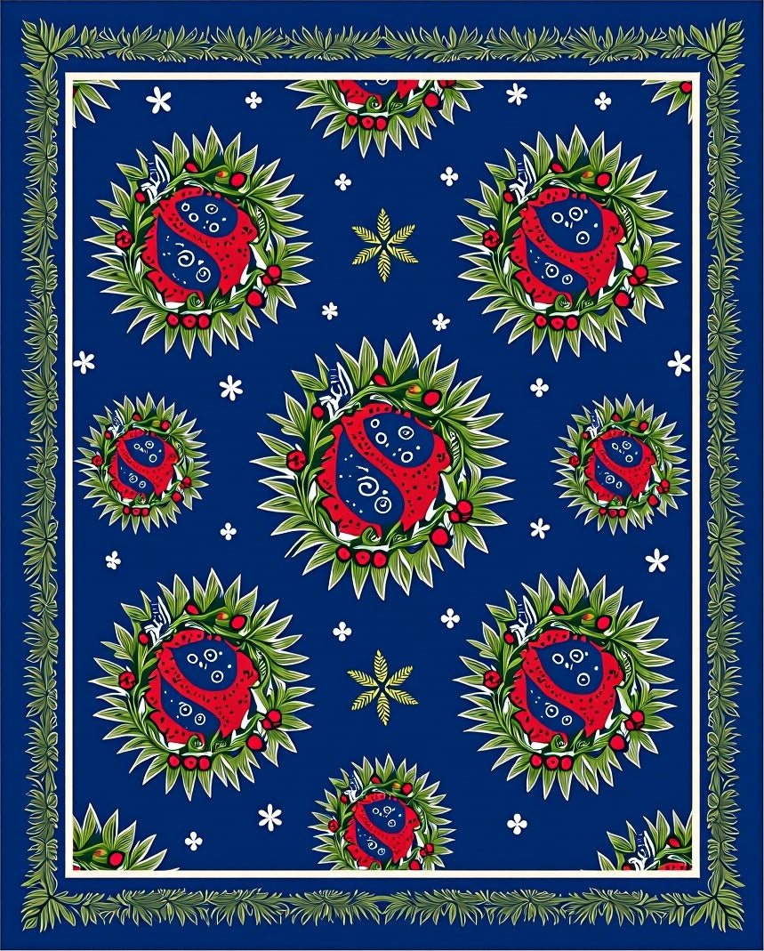 Deep Blue Red Green Floral Wreath Rug