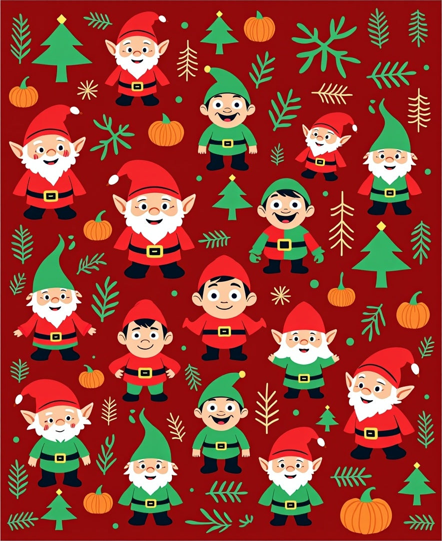 Festive Red Gnomes Christmas Trees Pumpkins Rug