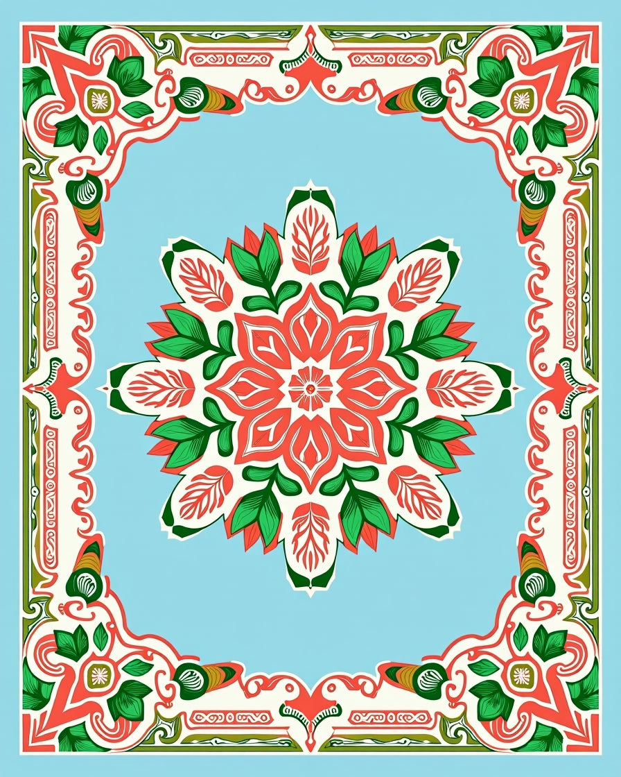 Ornate Coral Green Floral Medallion Design Rug