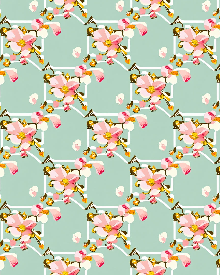 Floral Geometric Pattern with Pink Blossoms Rug