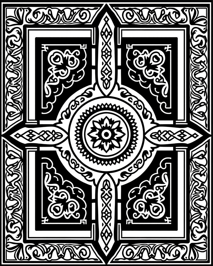 Black White Intricate Center Medallion Rug
