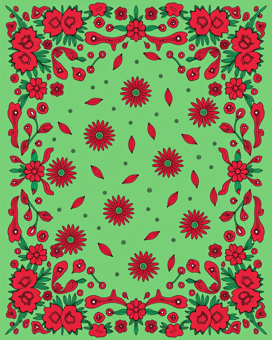 Vibrant Red Floral Patterned Green Rug