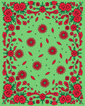 Vibrant Red Floral Patterned Green Rug