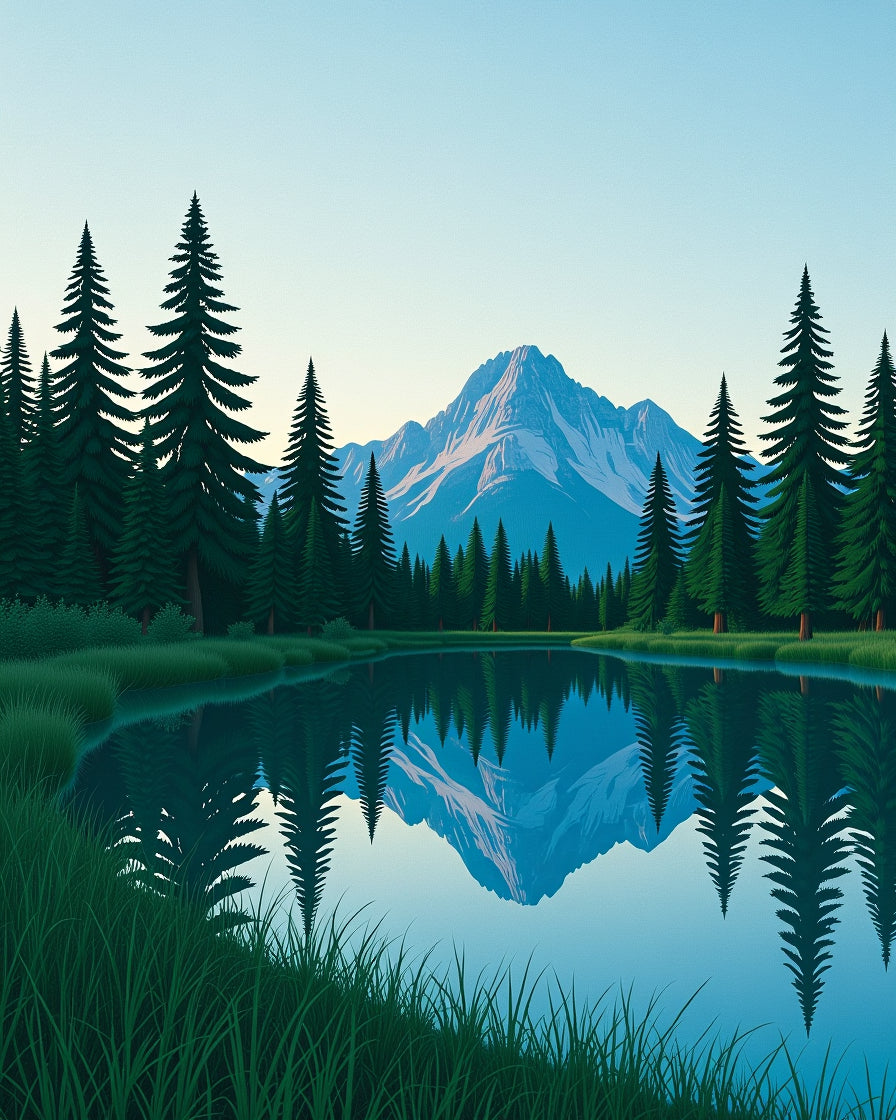 Mountain Lake Reflection Pine Forest Rug