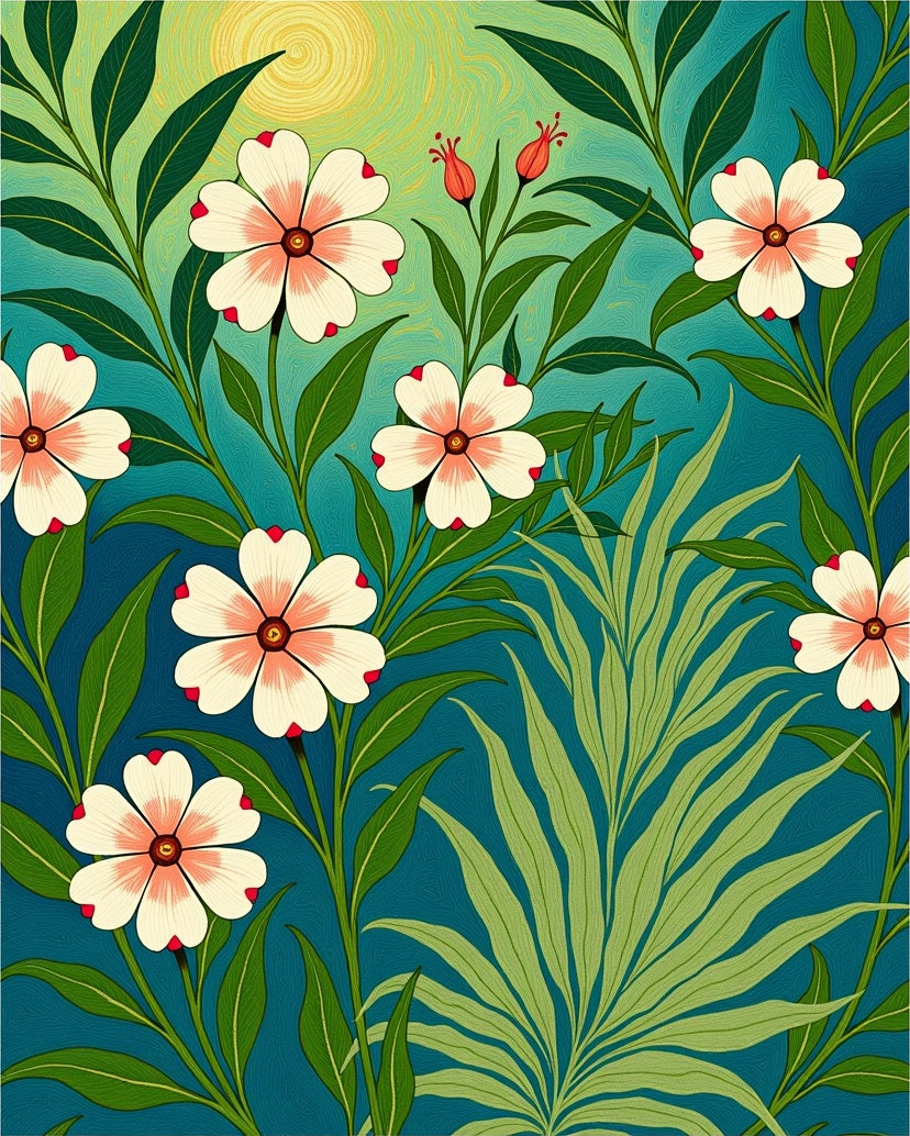 Emerald Teal Petal Vine Garden Rug