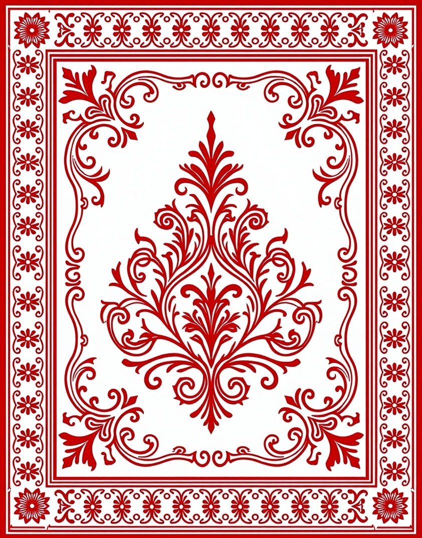 Red Floral Damask Ornate Pattern Rug