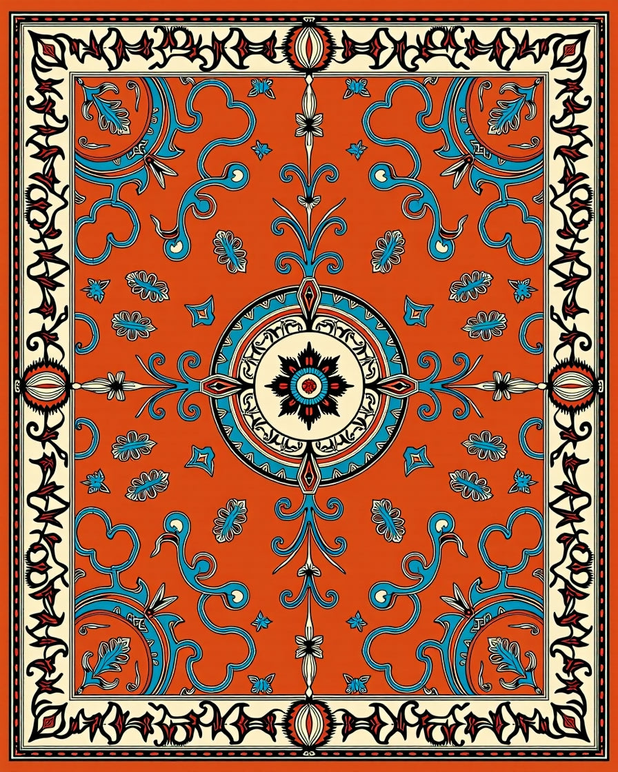 Orange Teal Floral Pattern Rug