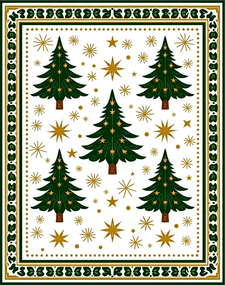 Festive Green Christmas Trees Gold Stars Rug