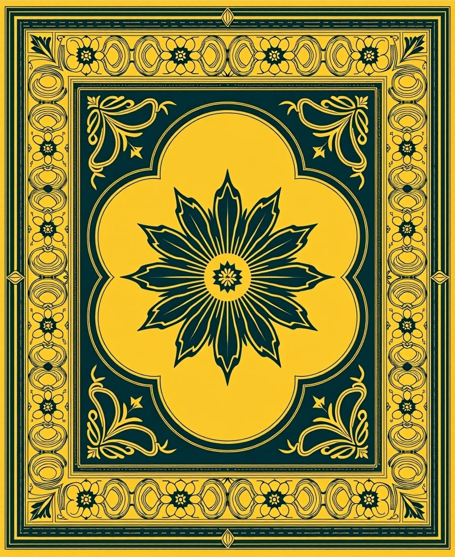 Intricate Floral Medallion Yellow Teal Rug