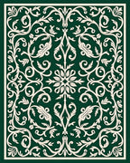 Elegant Floral Scrollwork Ivory On Green Rug
