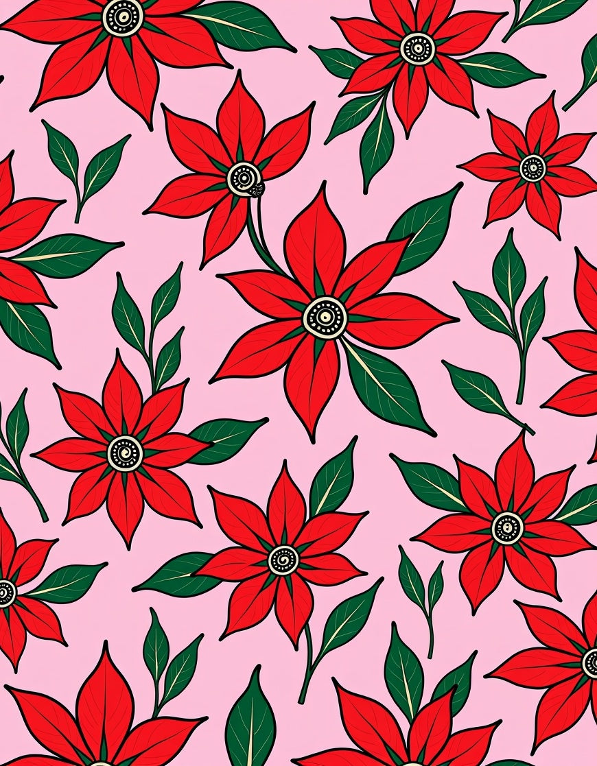Red Floral Pattern with Green Leaves Rug