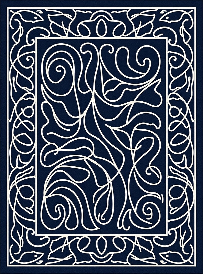 Elegant White Swirls on Navy Field Rug