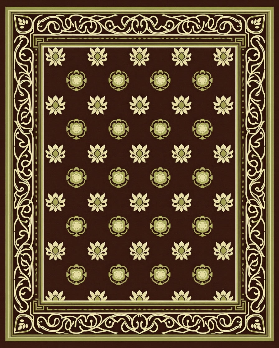 Ornate Floral Bordered Brown Rug