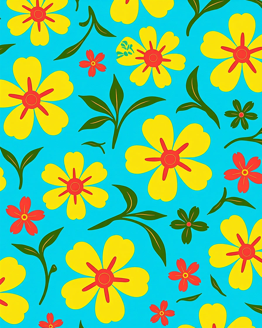 Bright Yellow Red Floral Pattern Rug