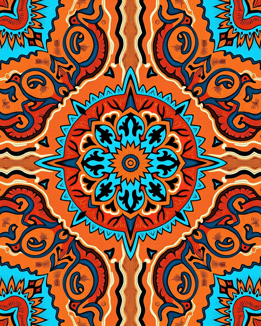 Vibrant Orange Blue Mandala Design Rug