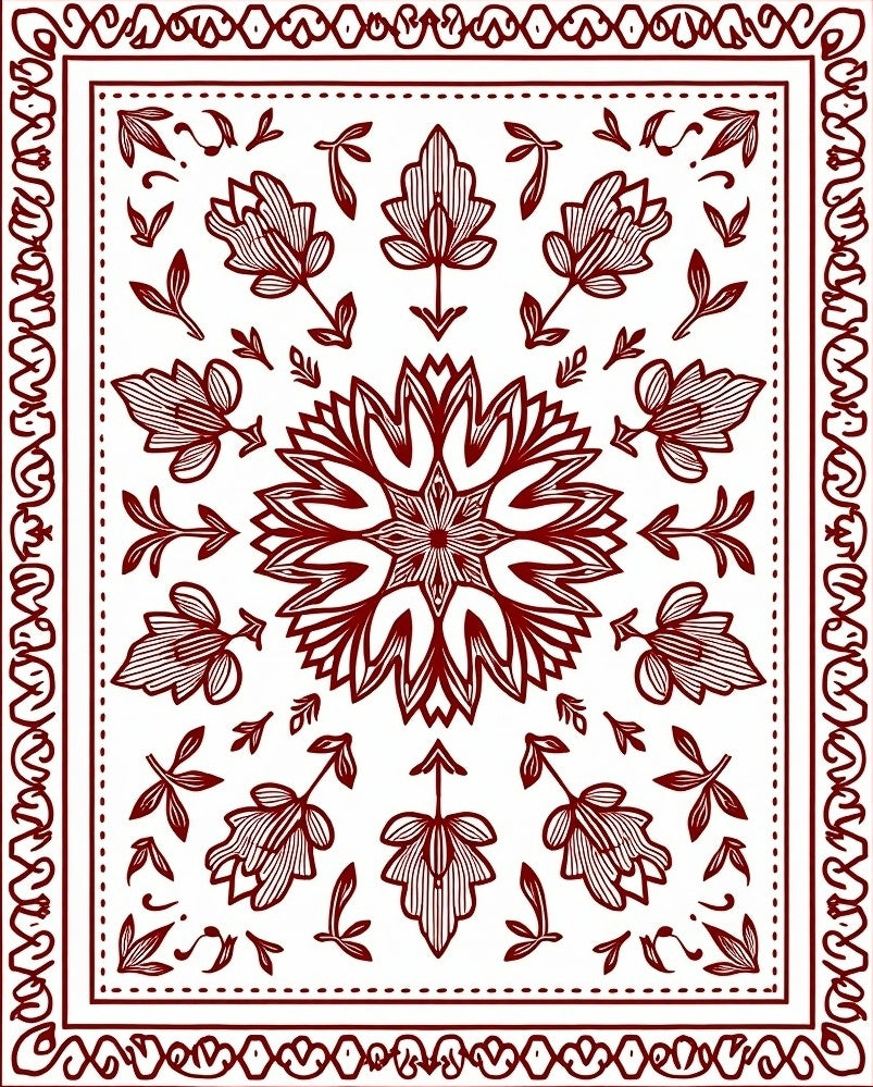 Drawn Floral Mandala With Border Design Rug