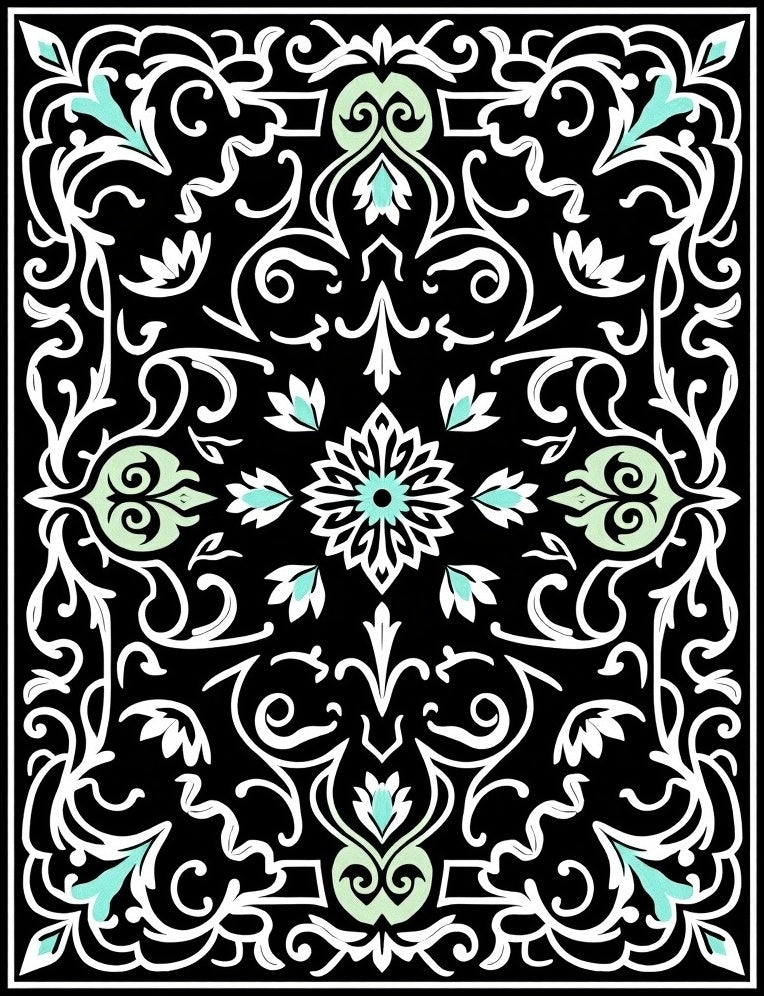 Black White Mint Floral Scroll Pattern Rug