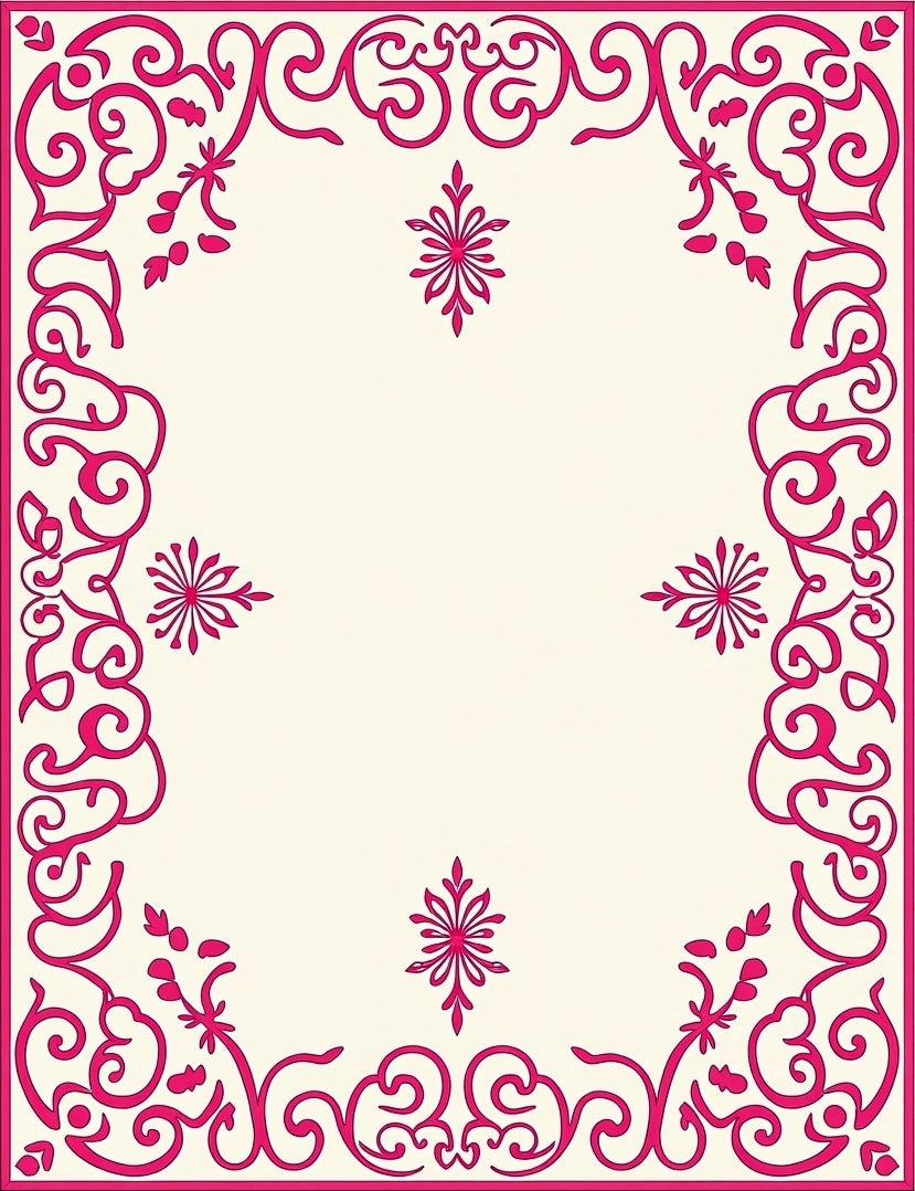 Ornate Pink Floral Scroll Border Design Rug
