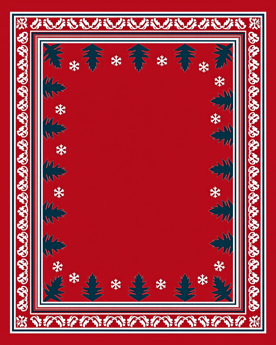 Red Nordic Tree And Snowflake Border Rug