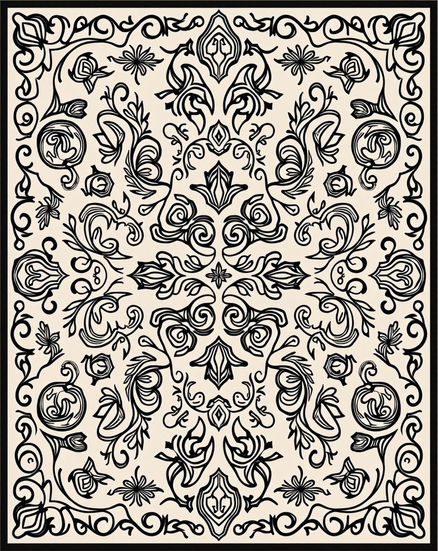 Ornate Black Floral Scroll Pattern Rug