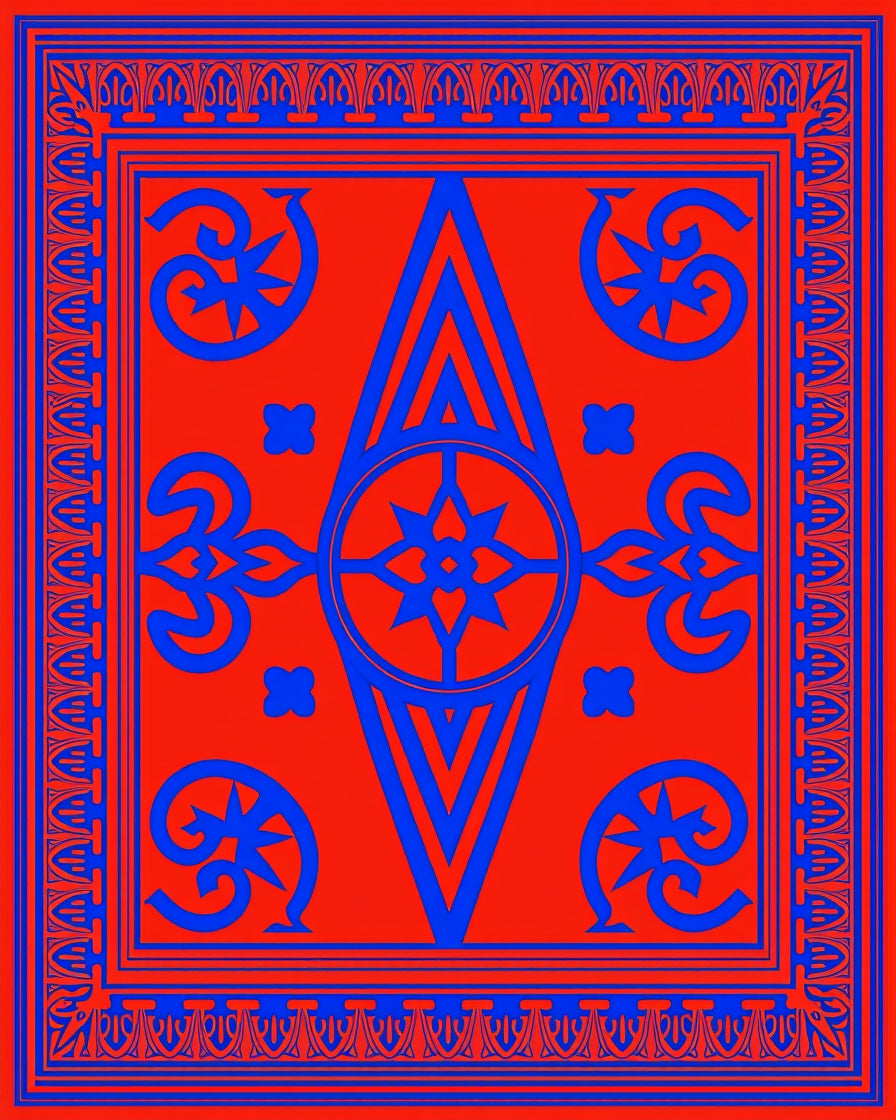 Bold Red Blue Geometric Medallion Pattern Rug