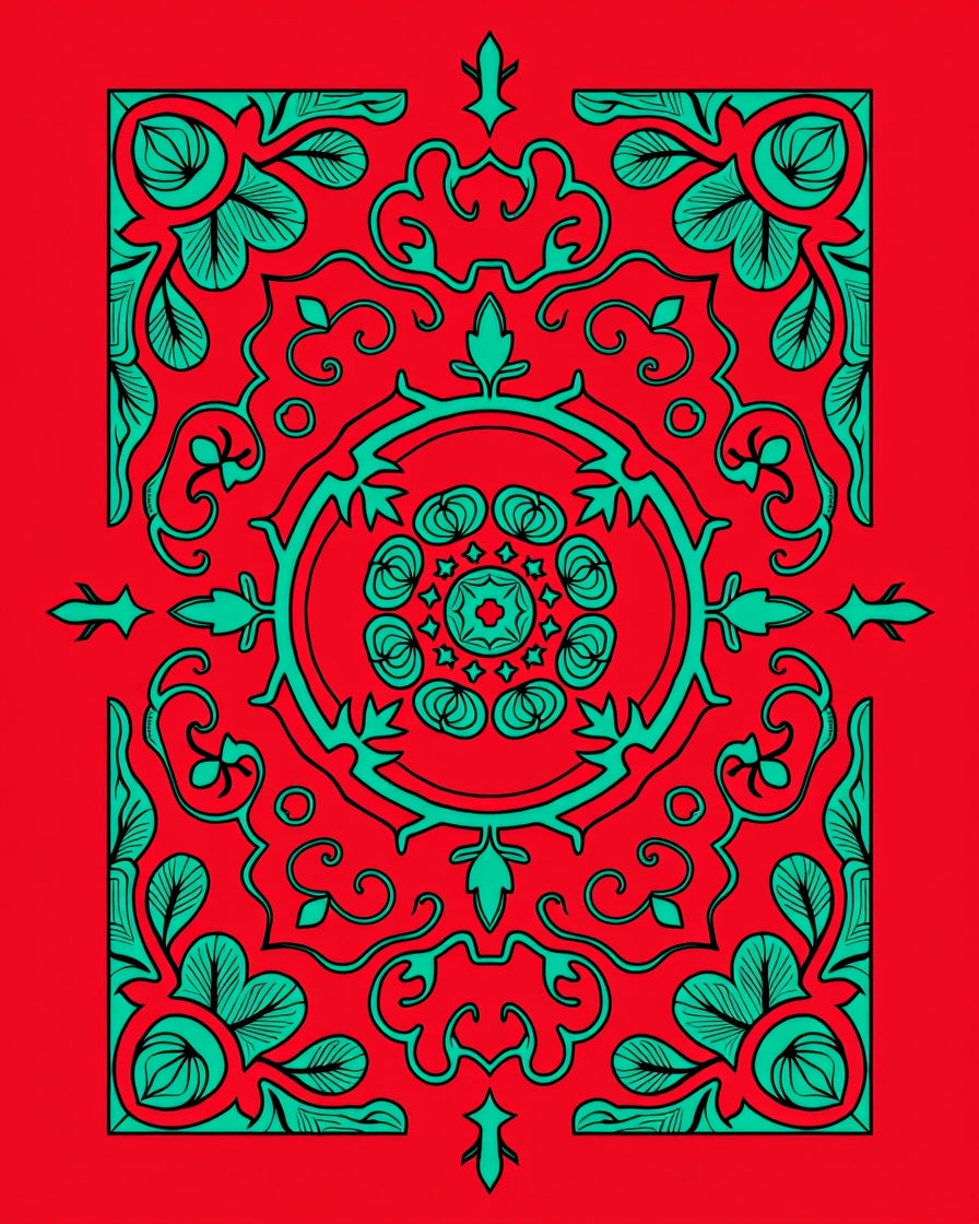 Red Teal Floral Mandala Pattern Rug