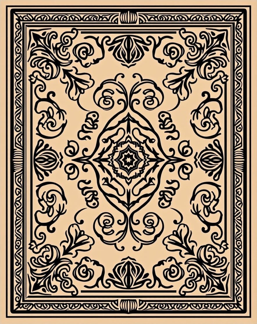 Classic Black Floral Inspired Border Design Rug