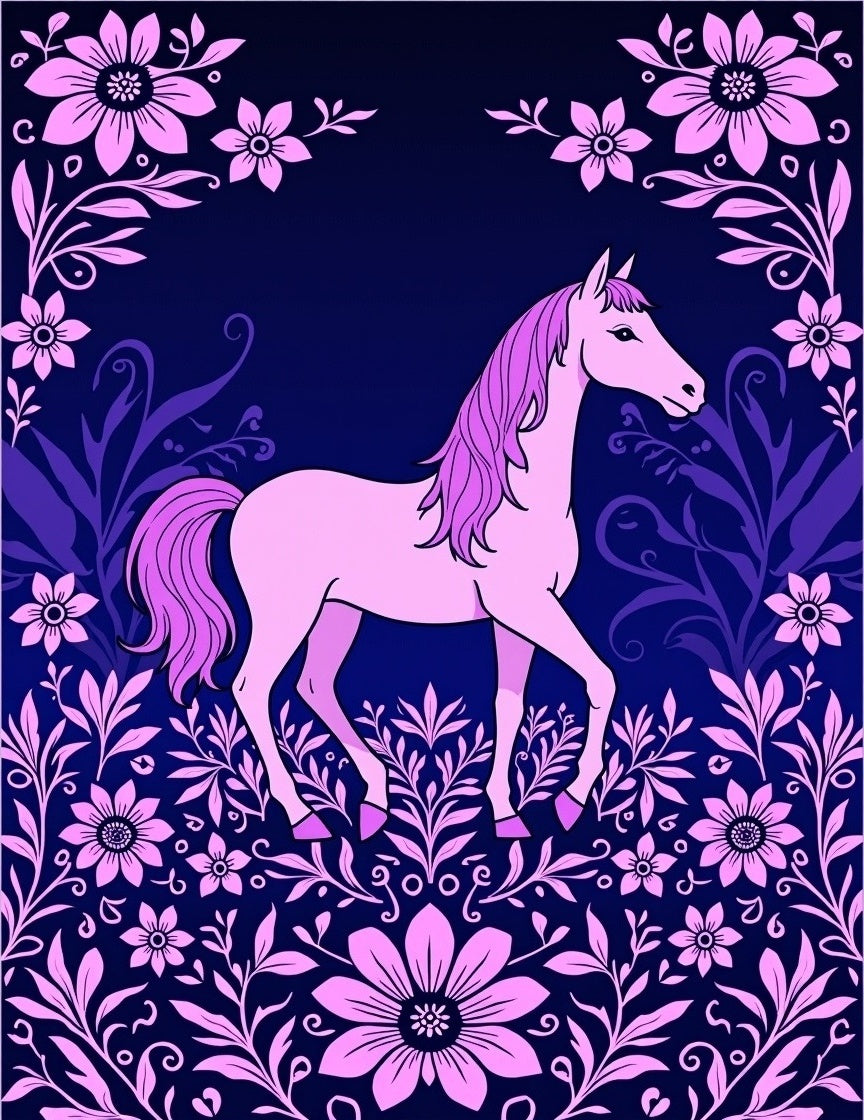 Enchanting Pink Horse Floral Design Rug