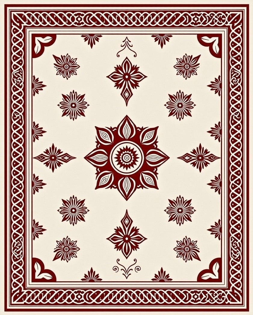 Deep Red Floral Medallion Pattern Rug