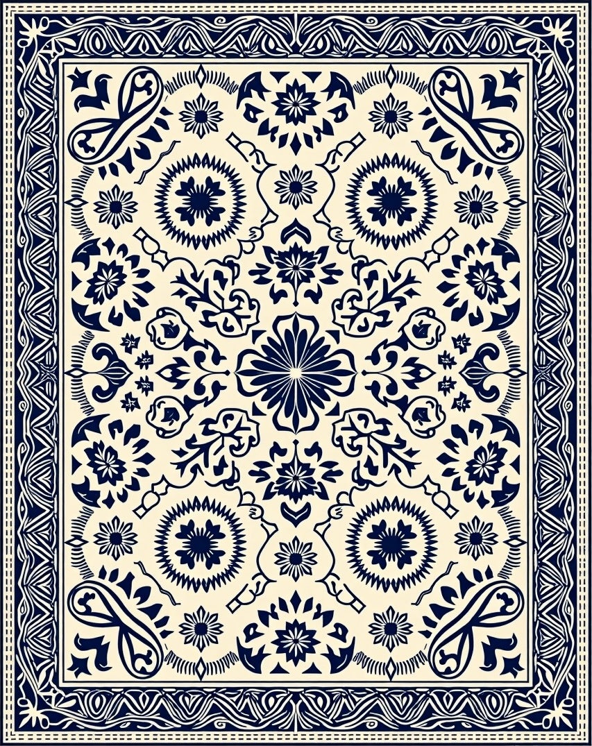 Classic Blue Ivory Floral Medallion Rug