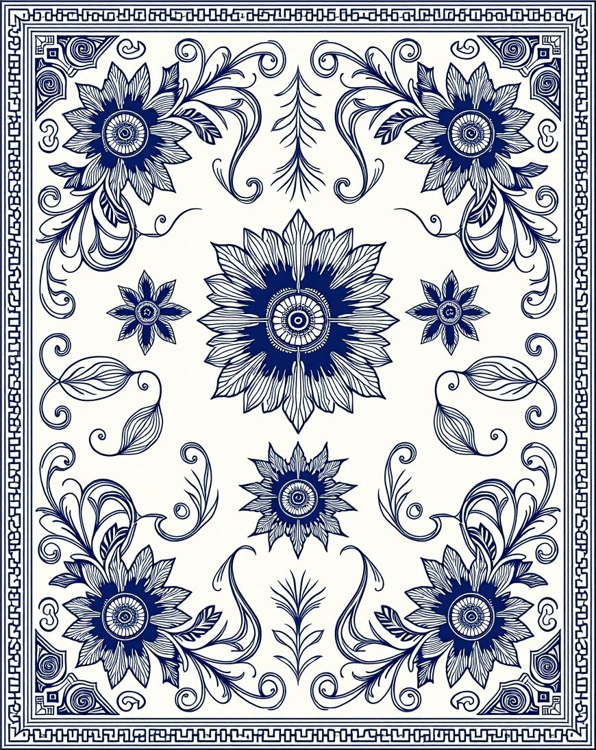 Blue Floral Swirl Pattern Rug
