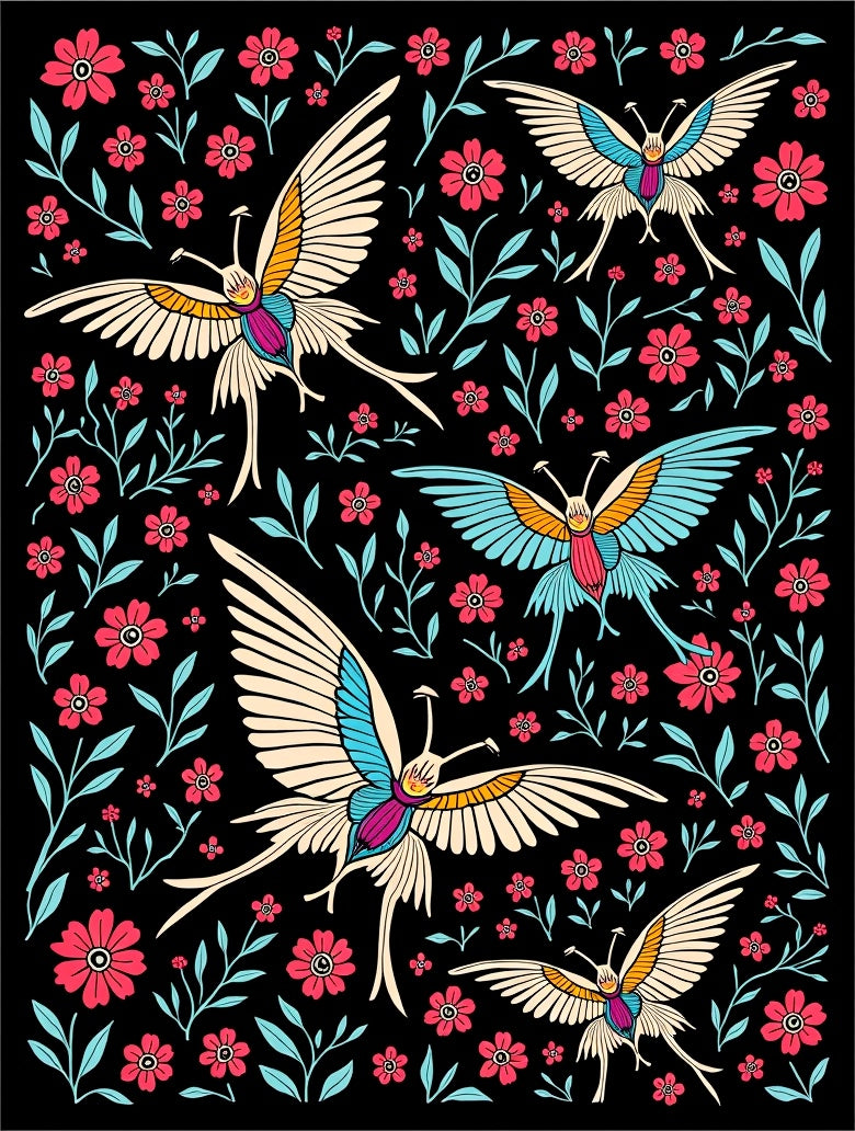 Whimsical Floral Bird Bloom Design Rug