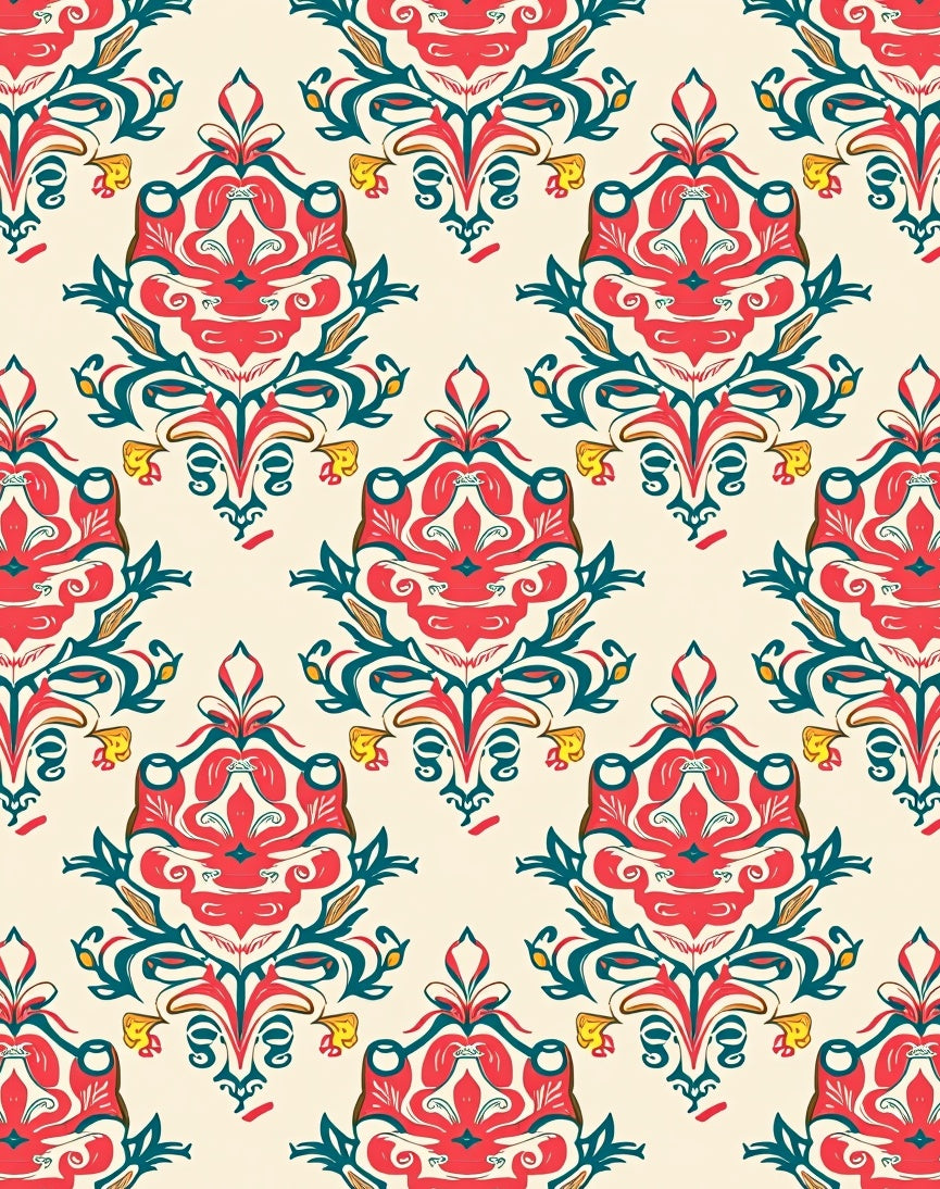 Ornate Coral Teal Floral Pattern Rug