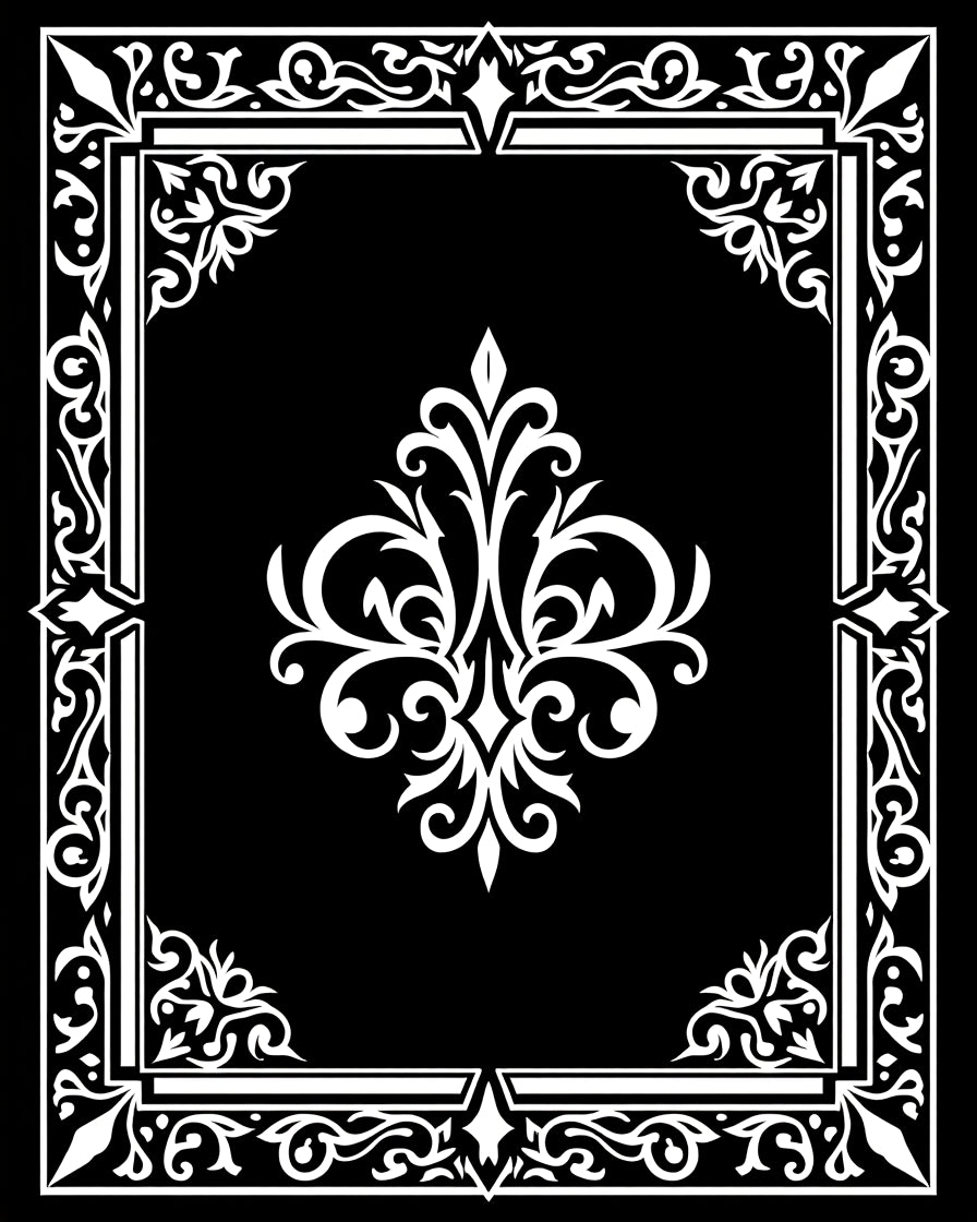 Ornate Black and White Floral Scroll Rug