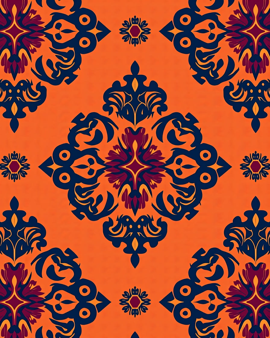 Orange Navy Floral Arabesque Rug