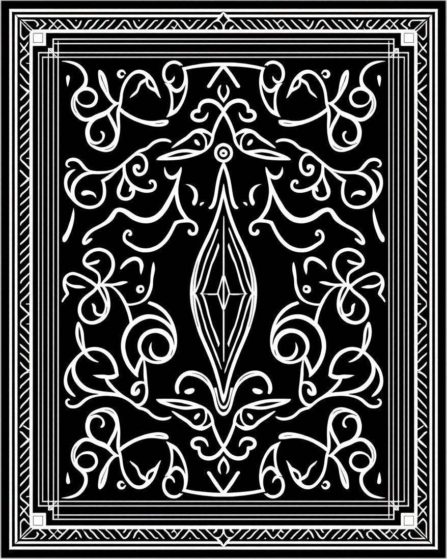 Ornate Black White Scrollwork Rug