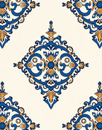 Blue Gold Ornate Damask Pattern Rug