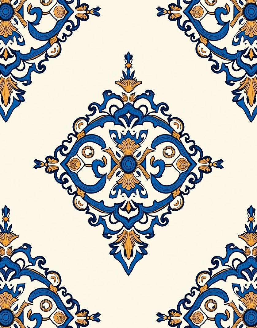 Blue Gold Ornate Damask Pattern Rug