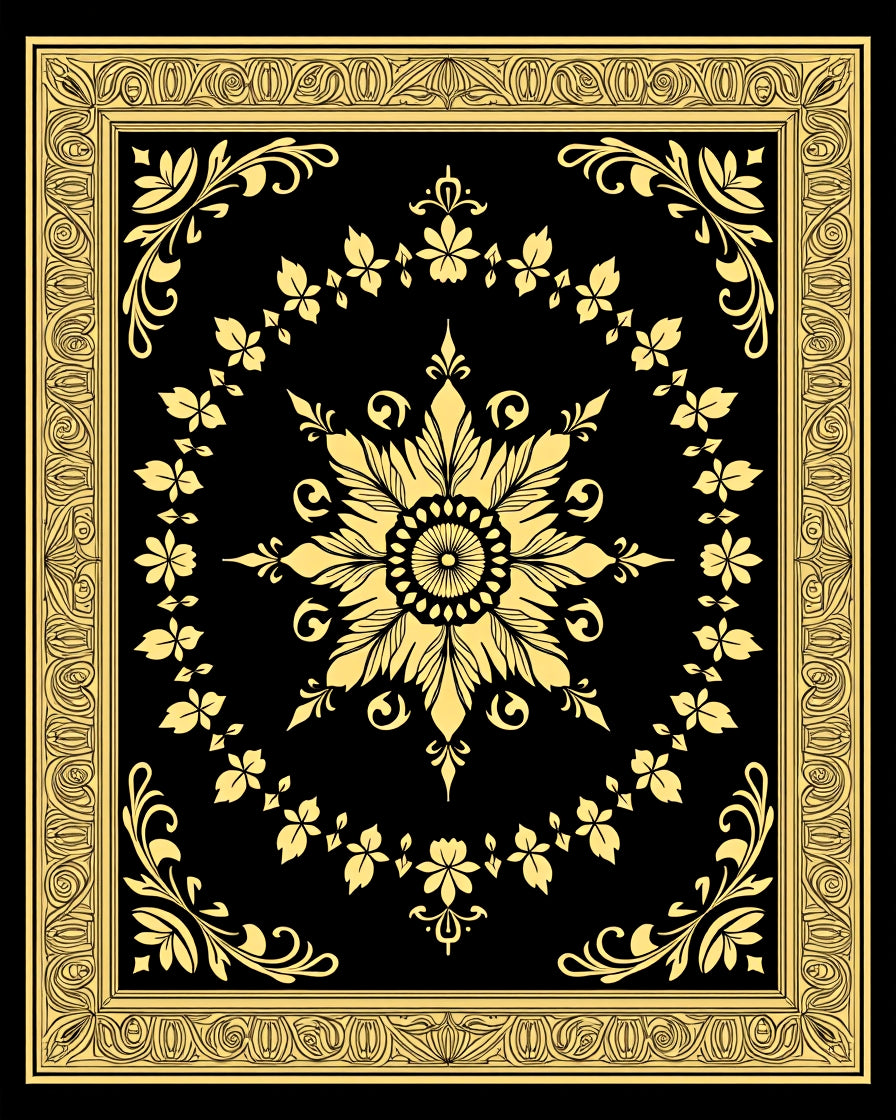 Golden Floral Medallion Frame Rug