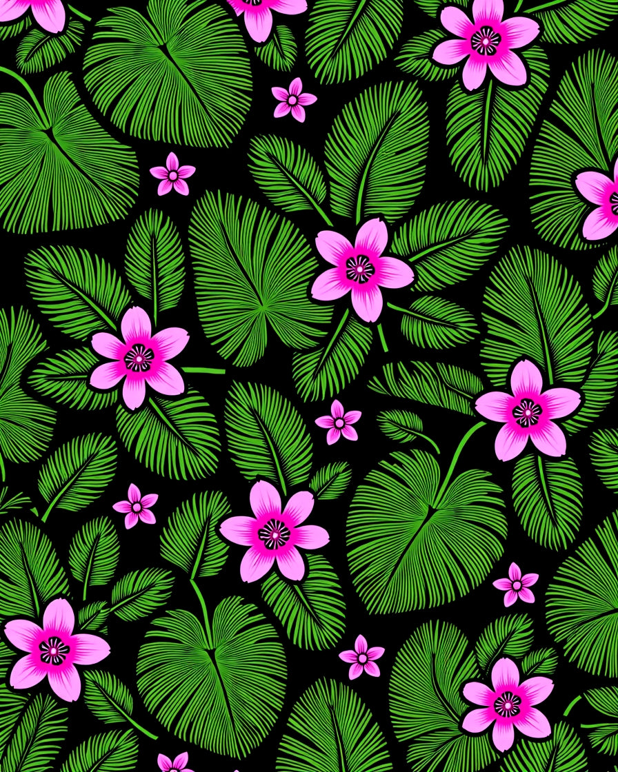 Vibrant Pink Floral Green Leaf Pattern Rug