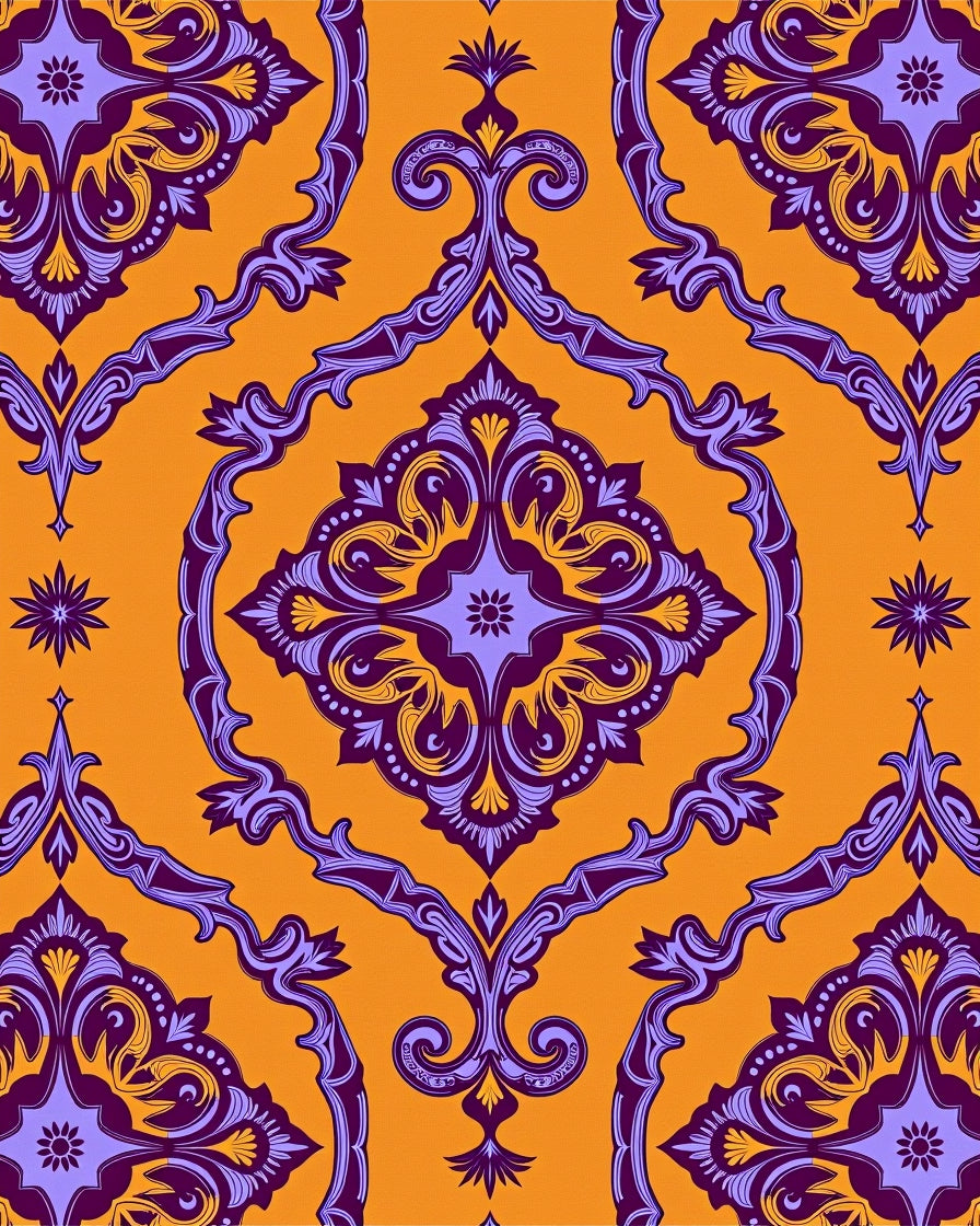 Ornate Damask Patterned Purple Orange Rug