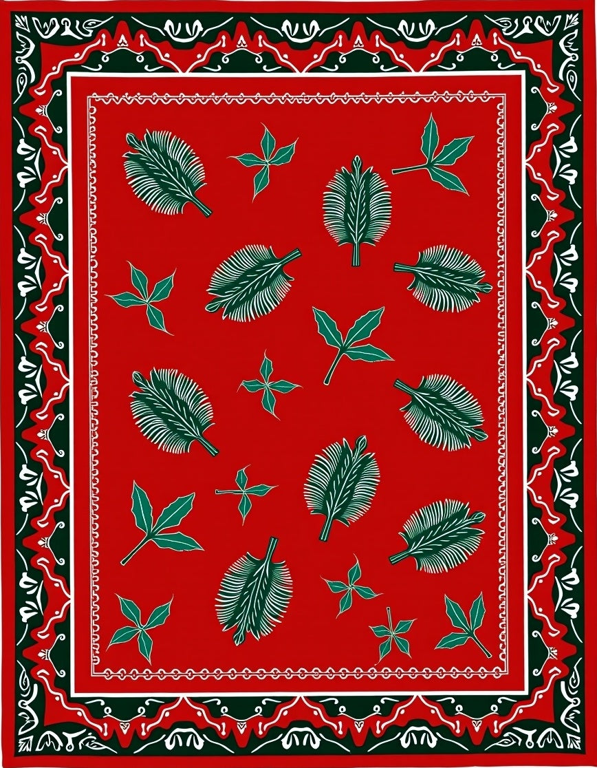 Bold Red Green Leaf Border Rug