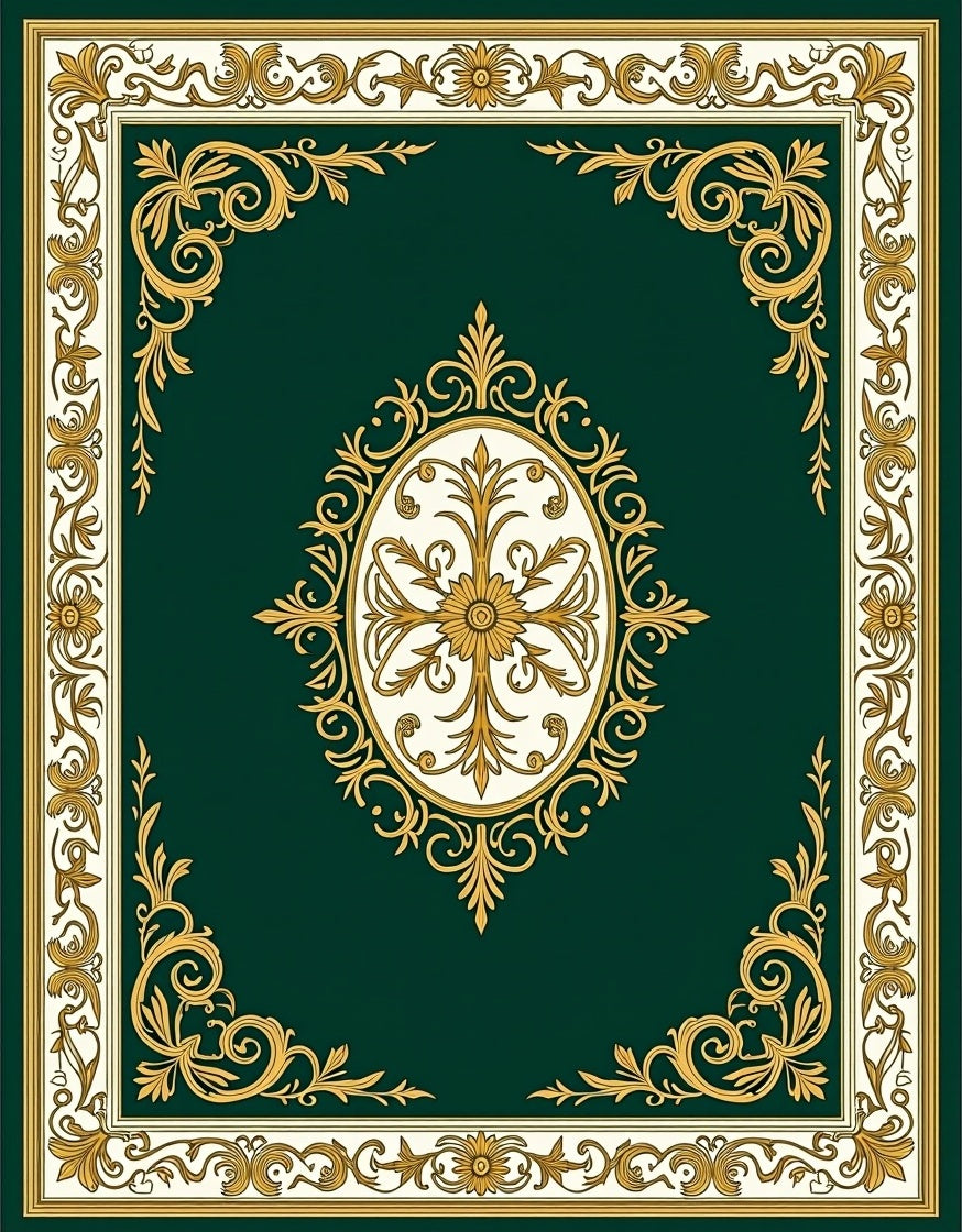 Ornate Gold Floral Green Scroll Rug