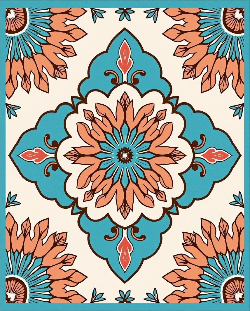 Retro Teal Orange Floral Mandala Rug