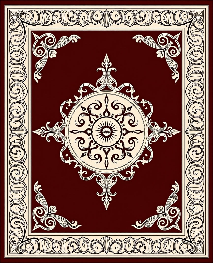 Regal Crimson Medallion Scroll Border Rug