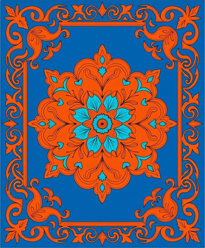 Bright Blue Orange Floral Medallion Border Rug