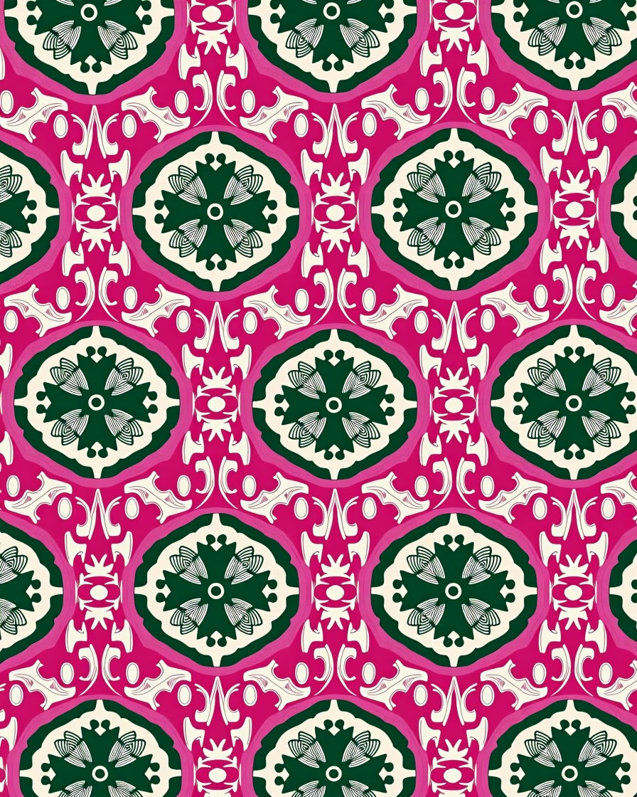 Bold Pink Green Floral Medallion Pattern Rug
