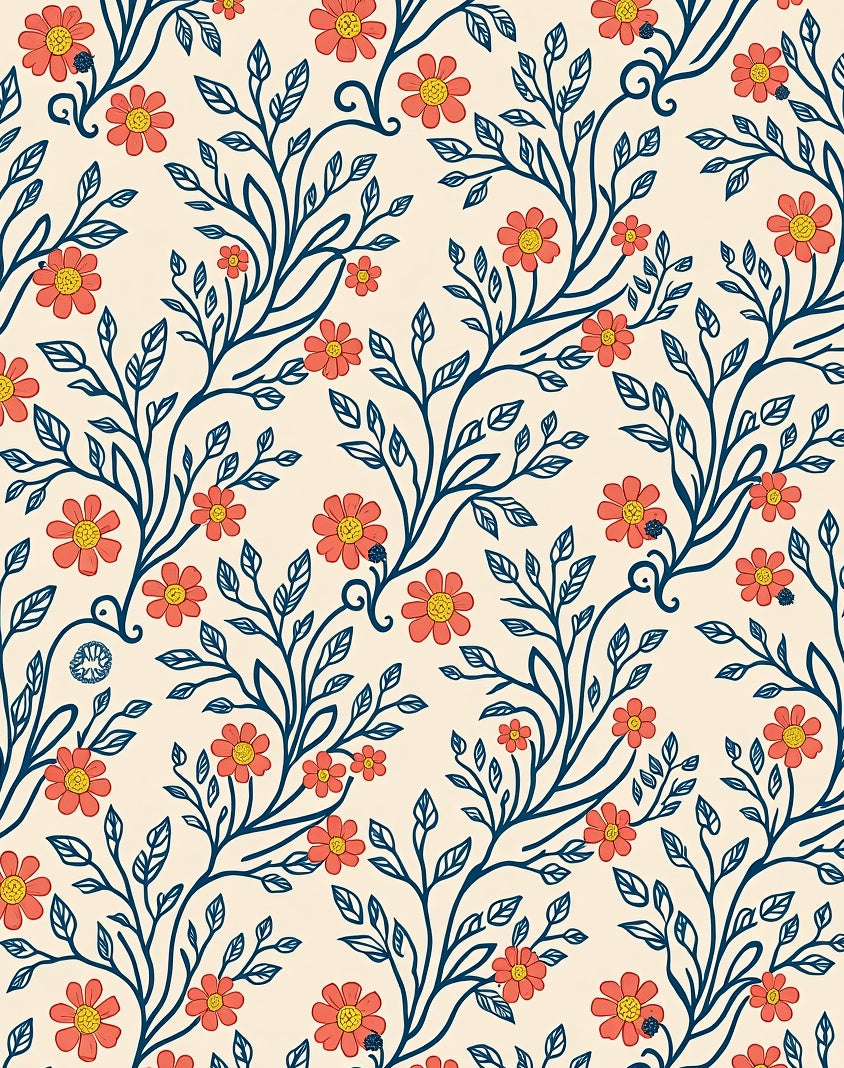 Coral Flower Leaf Vine Design Rug
