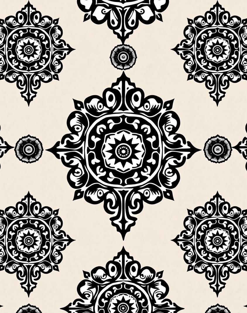 Intricate Black Medallion Pattern Rug