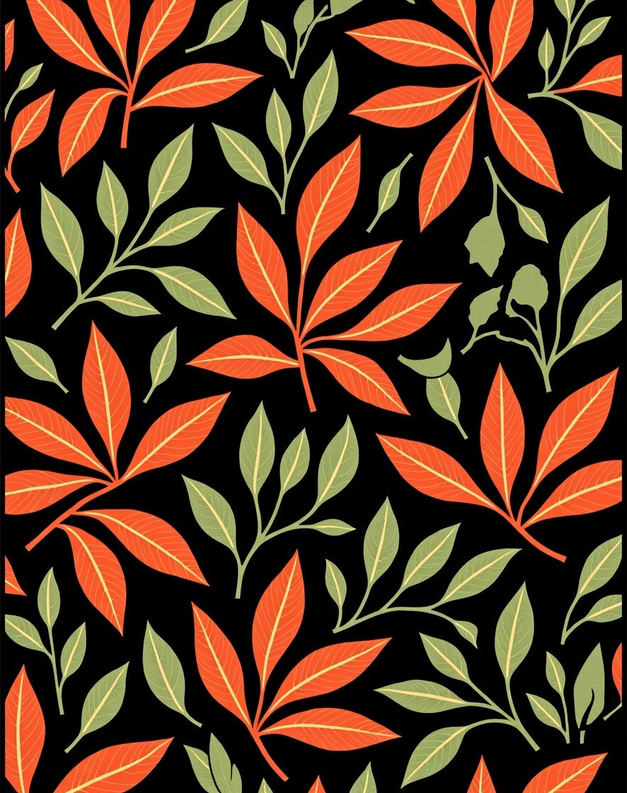 Vibrant Orange and Green Leaf Pattern Rug